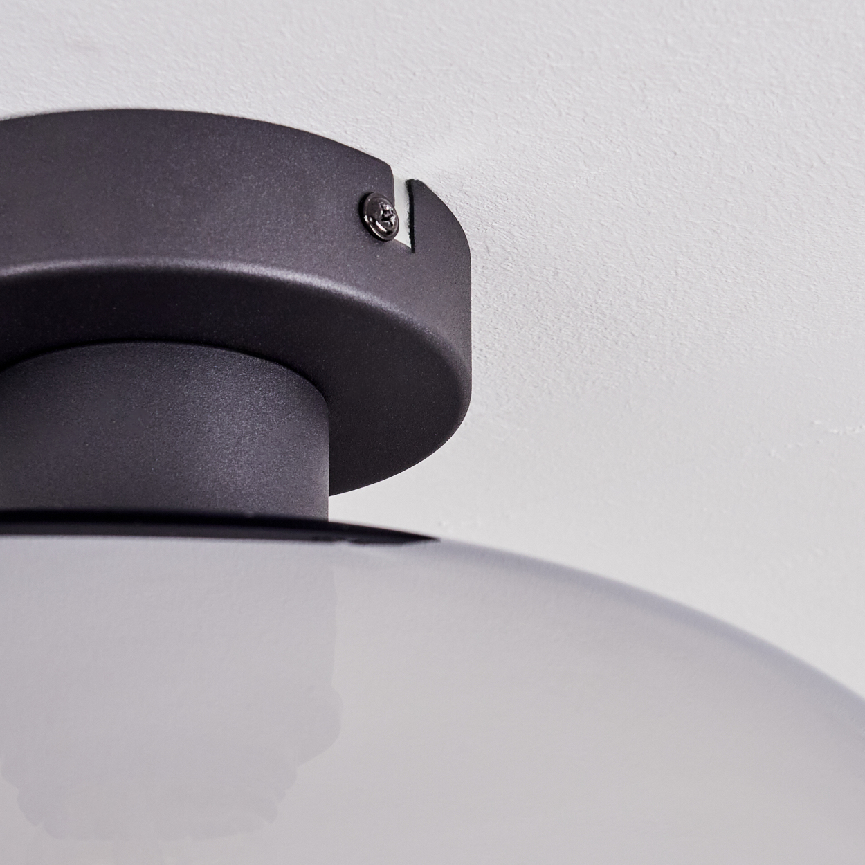 Nahaufnahme einer schwarzen Deckenleuchte vor einer weißen, strukturierten Decke. Die Lampe hat einen zylindrischen Körper und einen runden Schirm.
