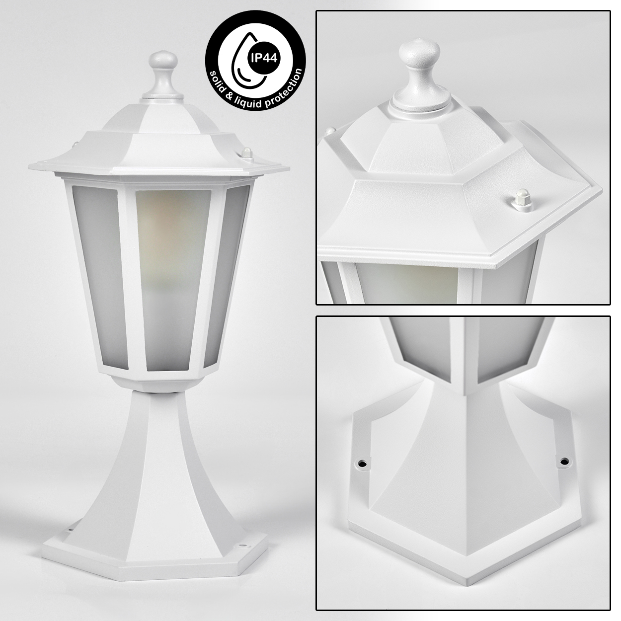 Eine weiße Außenlampe mit achteckiger Form und dekorativer Spitze. Sie hat eine Milchglasscheibe und einen soliden Sockel.