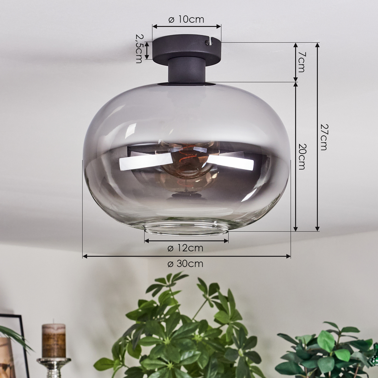 Eine graue Glaskugellampe hängt von der Decke. Abmessungen sind mit Pfeilen angegeben. Grüne Pflanzen sind unterhalb der Lampe sichtbar.