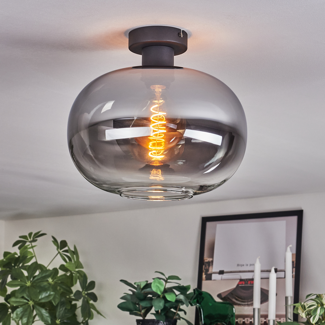 Eine moderne, runde Deckenlampe aus grauem Glas mit einer sichtbaren Wendelglühbirne. Der Hintergrund zeigt Pflanzen und ein gerahmtes Bild.