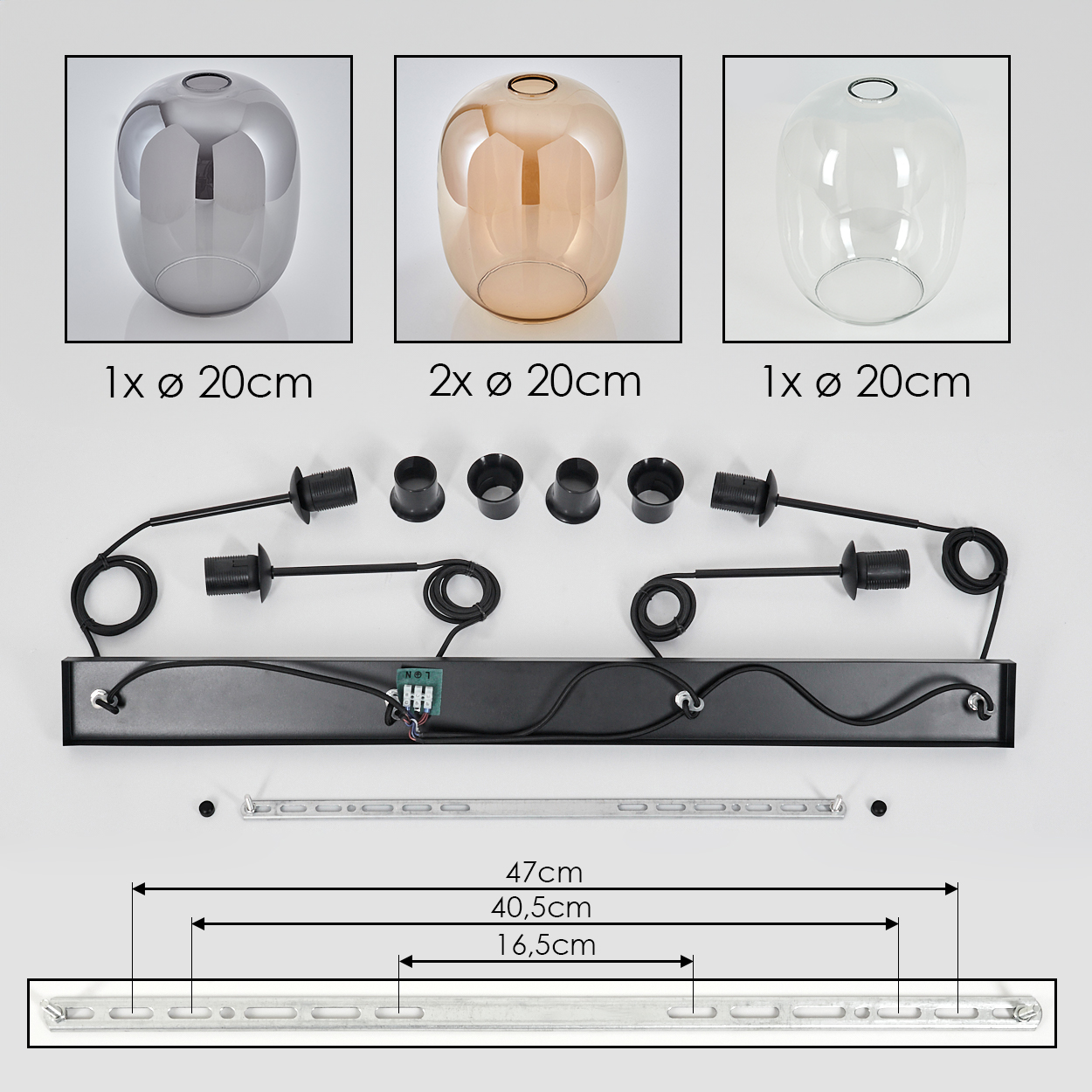 Deckenleuchten-Set mit drei Glasschirmen, schwarzer Hardware und Montagehalterungen auf weißer Oberfläche mit Größenangaben.