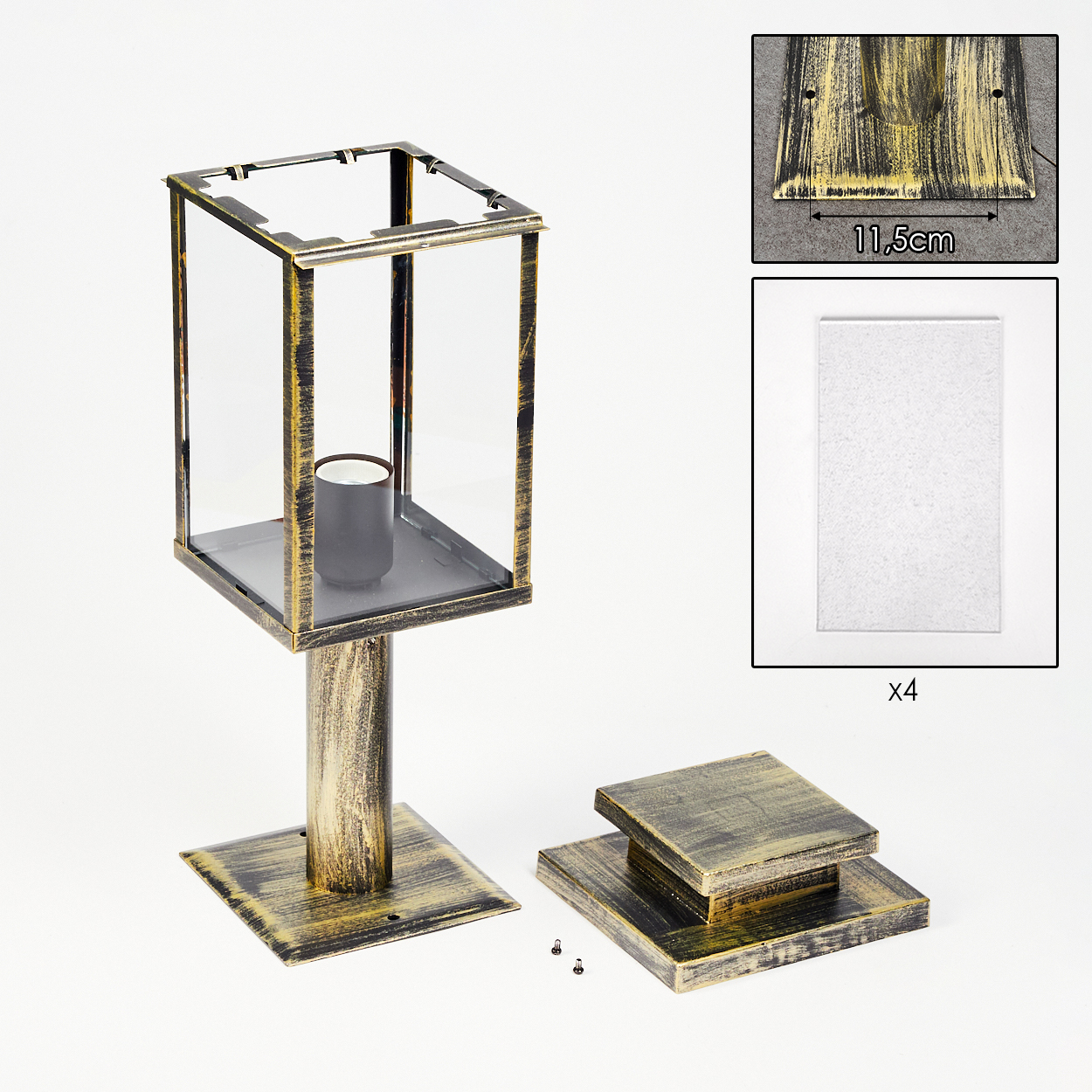 Eine zerlegte Laterne mit Glasscheiben, Metallrahmen und Sockel. Enthält vier weiße Paneele und ein 11,5 cm großes Basisdetail.
