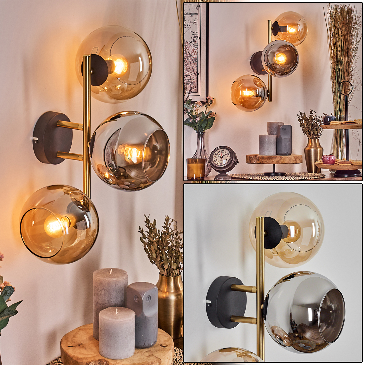 Wandlampe mit drei Lichtern und bernsteinfarbenen Glaskugeln. Im Hintergrund Kerzen, eine Vase und eine Uhr.