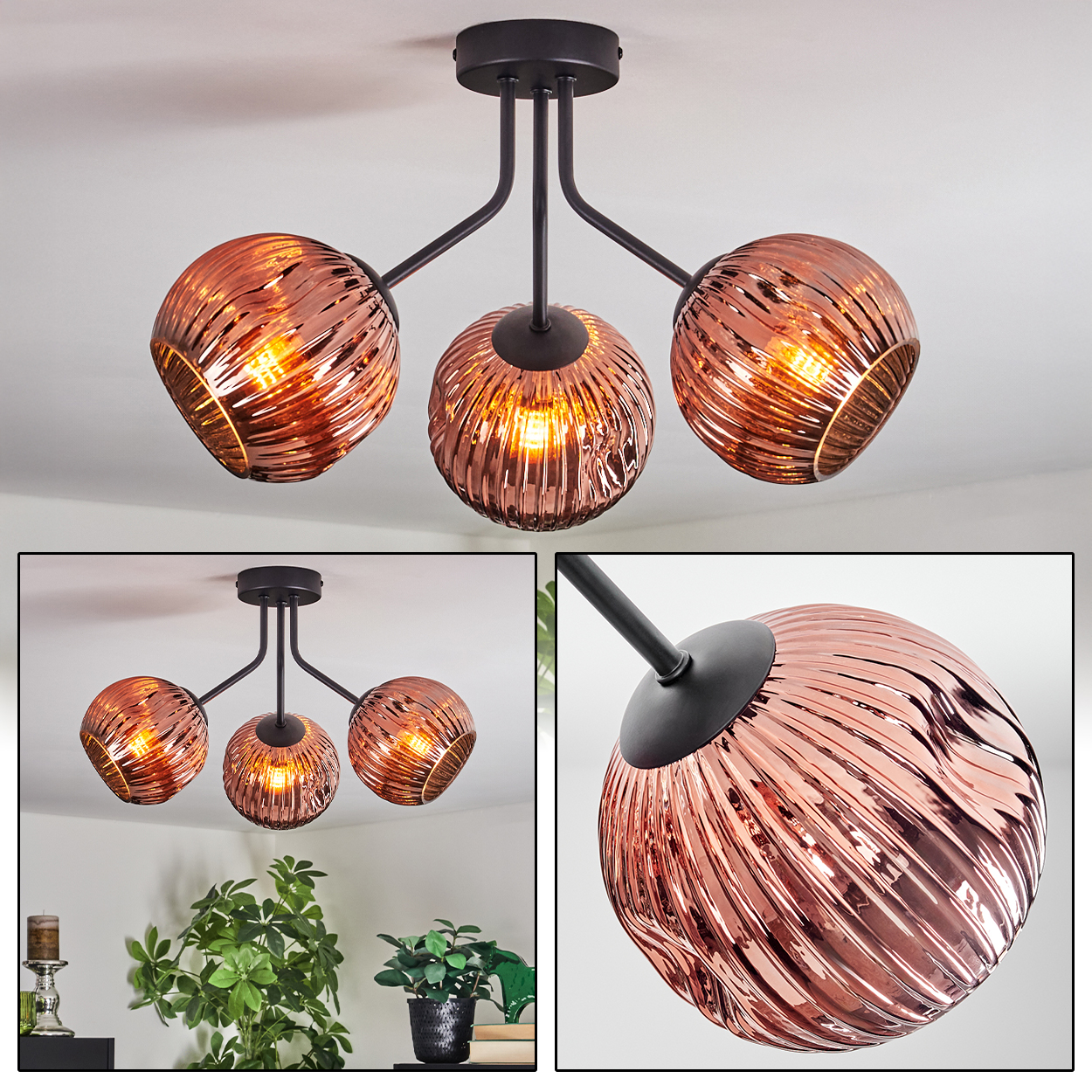 Eine moderne Deckenlampe mit drei kupferfarbenen, kugelförmigen Glasschirmen, jeweils mit einem Licht im Inneren. Die Lampe ist auf einem schwarzen Rahmen montiert.