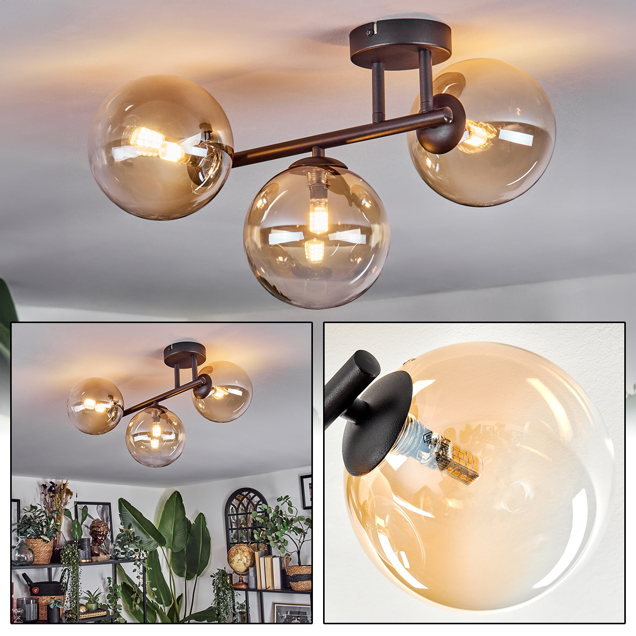 Eine moderne Deckenlampe mit drei kugelförmigen, bernsteinfarbenen Glasschirmen, schwarzen Metallarmen und einem schwarzen Sockel.