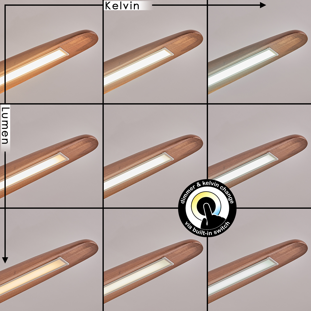 Neun Bilder zeigen eine Lampe mit unterschiedlichen Kelvin- und Lumen-Einstellungen. Die Lampe ist aus Holz und hat einen eingebauten Dimmschalter.