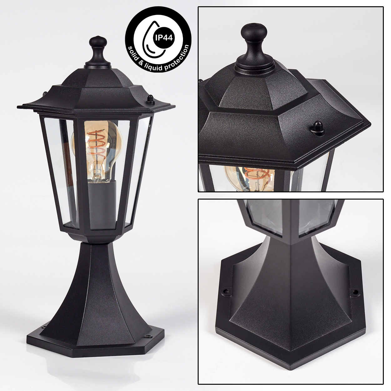 Eine schwarze Außenlampe mit Glasscheiben, einer Glühbirne und einer dekorativen Oberseite. Sie hat einen sechseckigen Sockel und ein Logo für festen & Flüssigkeitsschutz.