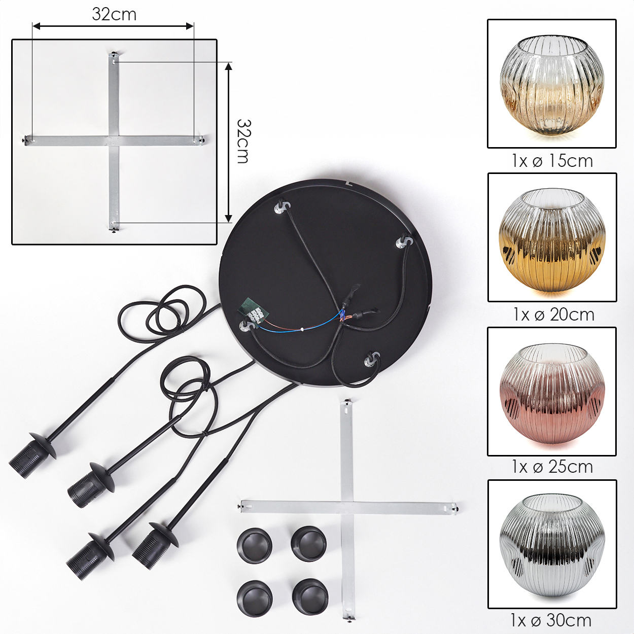 Draufsicht einer zerlegten Lampe. Enthält eine schwarze runde Basis, Leuchten, Metall-Querstreben und Glaskugel-Schirme in verschiedenen Größen.