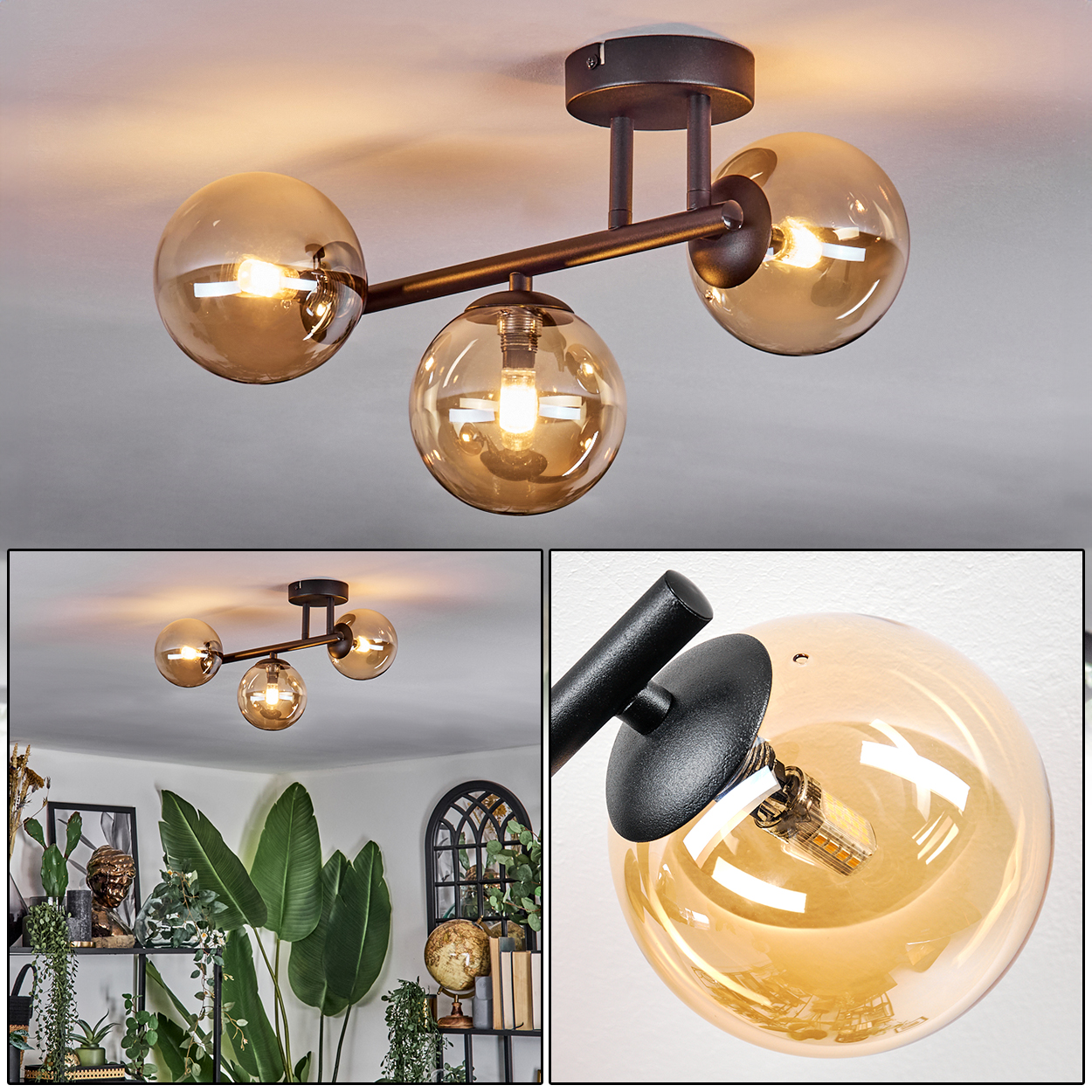 Eine moderne Deckenleuchte mit drei bernsteinfarbenen Glaskugeln. Sie hat einen schwarzen Metallrahmen. Der Hintergrund ist eine weiße Decke.