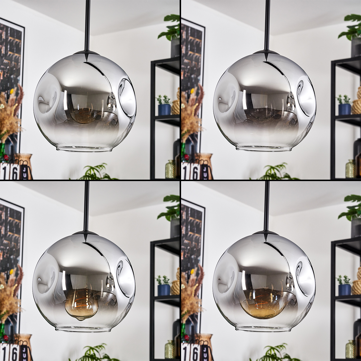 Eine moderne silberne Kugellampe hängt. Weitere Dekorationen umfassen Regale mit Pflanzen und gerahmter Kunst. Die Lampe spiegelt die Elemente des Raumes wider.