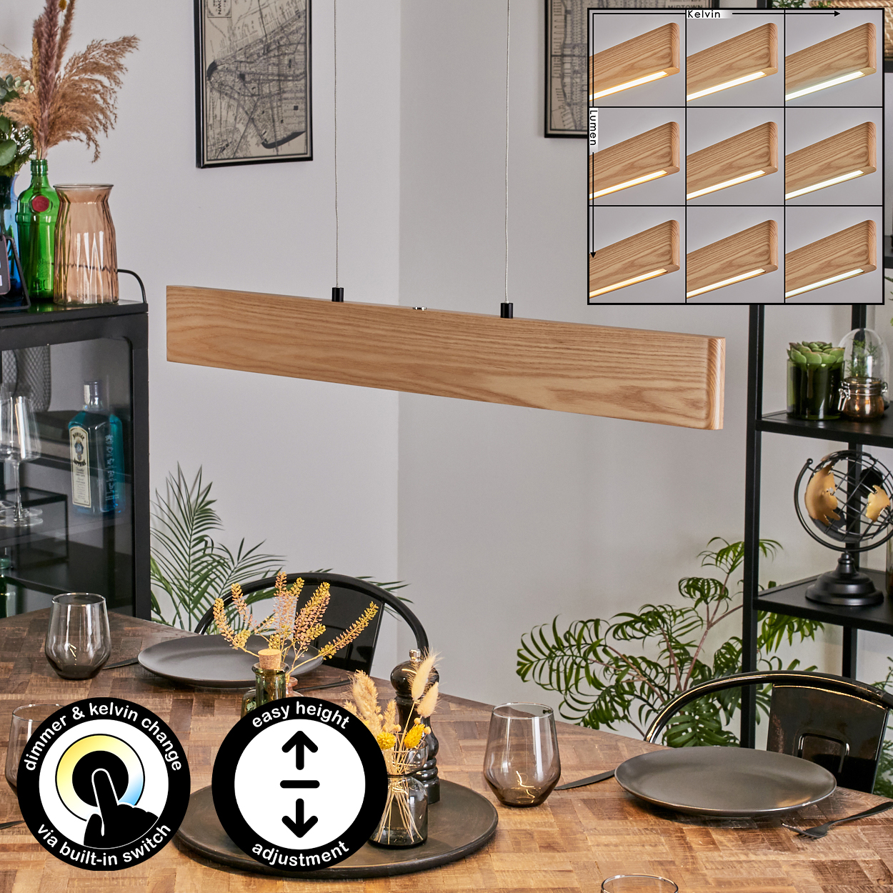 Ein modernes Esszimmer mit Holztisch, langer Holzlampe und verschiedenen Dekorationselementen.