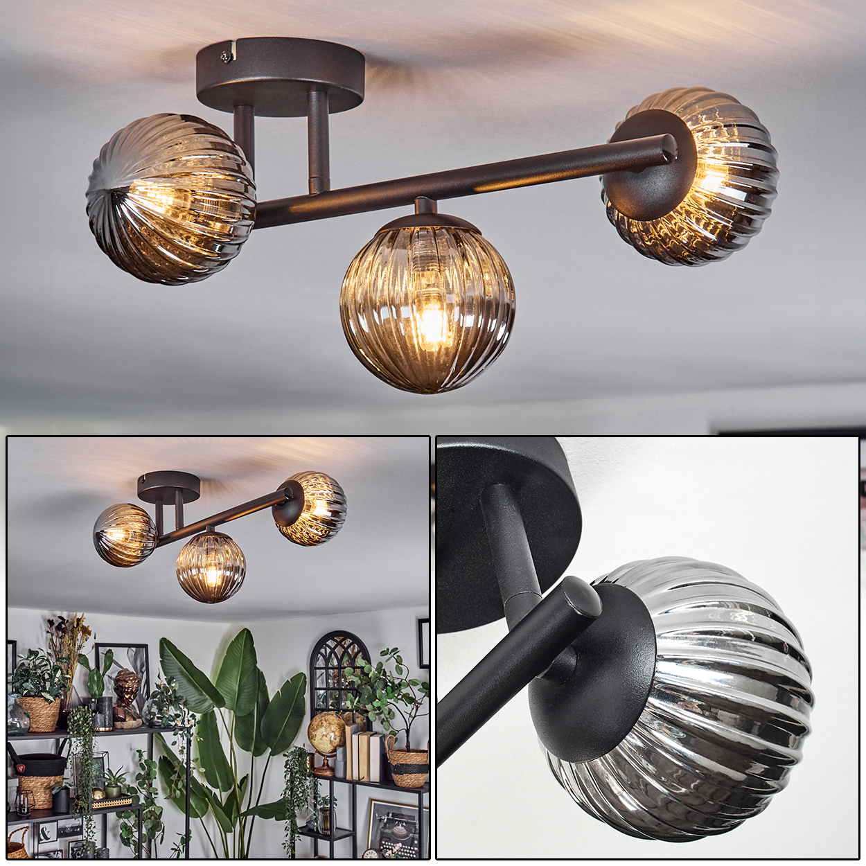 Eine moderne Deckenlampe mit drei Glaskugeln. Die Kugeln sind bernsteinfarben und gerippt. Die Lampe ist an einem dunklen Metallrahmen befestigt.