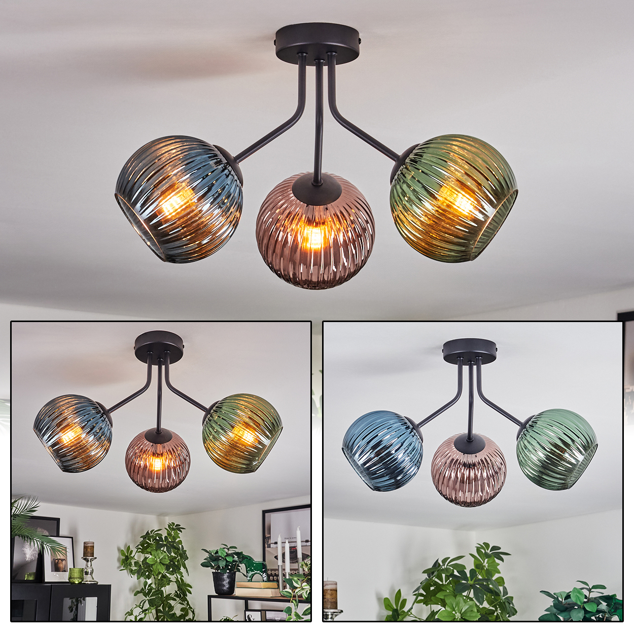 Moderne Deckenlampe mit drei Glaskugeln in Blau, Rosa und Grün, jede mit warmem Licht.