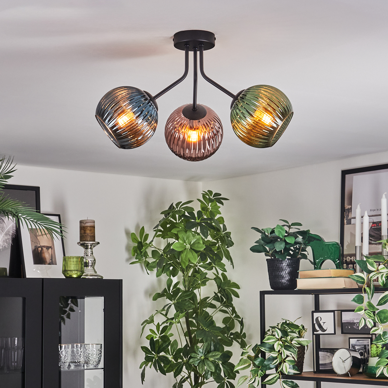 Eine moderne Deckenlampe mit drei runden Glasschirmen. Im Hintergrund sind verschiedene Pflanzen und Dekorationen zu sehen, die eine gemütliche Atmosphäre schaffen.
