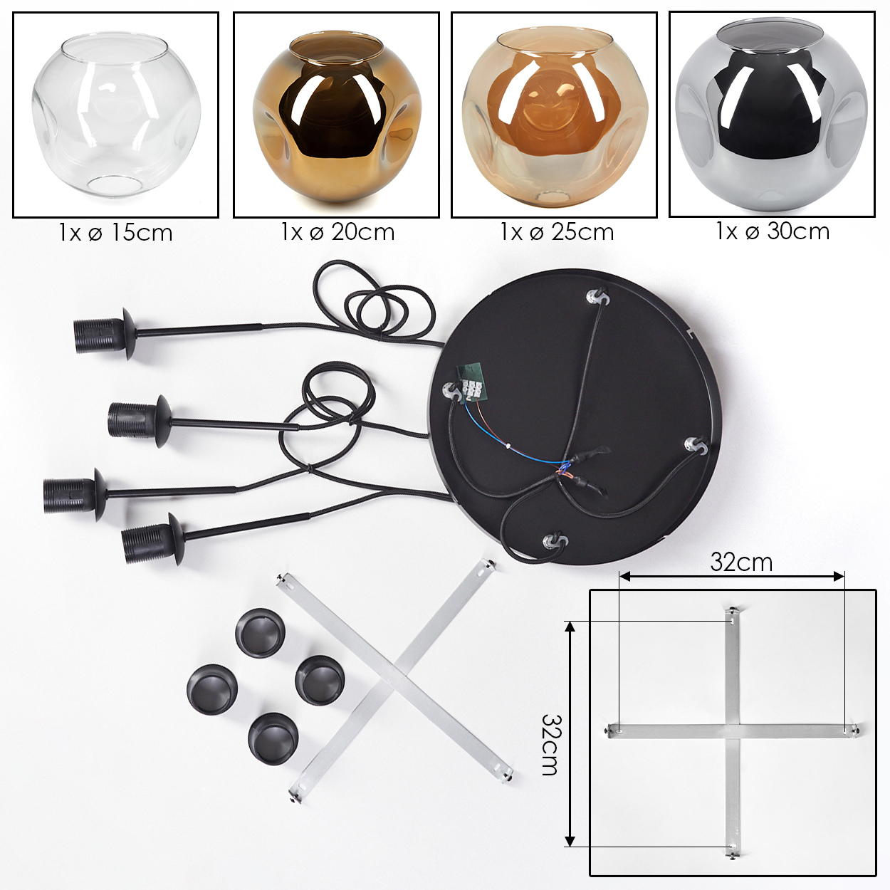 Das Bild zeigt Teile einer Lampe. Es gibt vier Glaskugeln, eine schwarze Lampenbasis, Drähte und Metallstützen. Abmessungen sind ebenfalls angegeben.