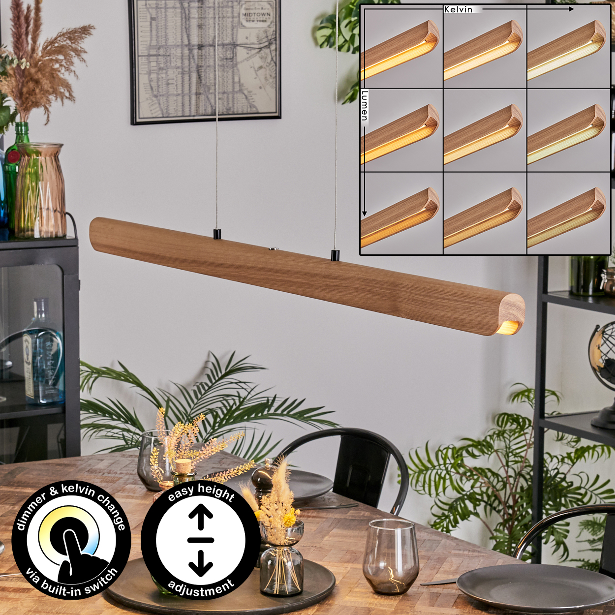 Eine Holzlampe hängt über einem Tisch. Diagramme zeigen Lichtoptionen. Symbole zeigen Dimmer, Kelvin-Änderung und Höhenverstellung an.