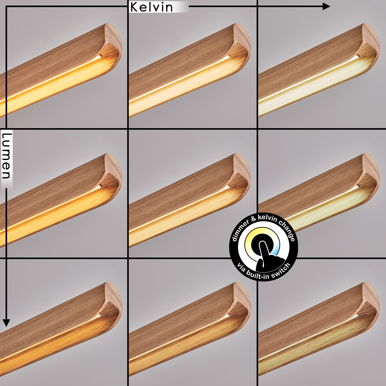 Neun Bilder zeigen Holzleuchten. Sie ändern die Farbtemperatur und Helligkeit über einen eingebauten Schalter.
