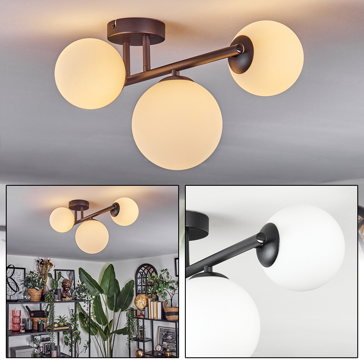 Eine moderne Deckenleuchte mit drei kugelförmigen Lampen. Die Leuchte ist dunkelbraun und die Glühbirnen sind weiß. Hintergrund ist ein Raum mit Pflanzen.