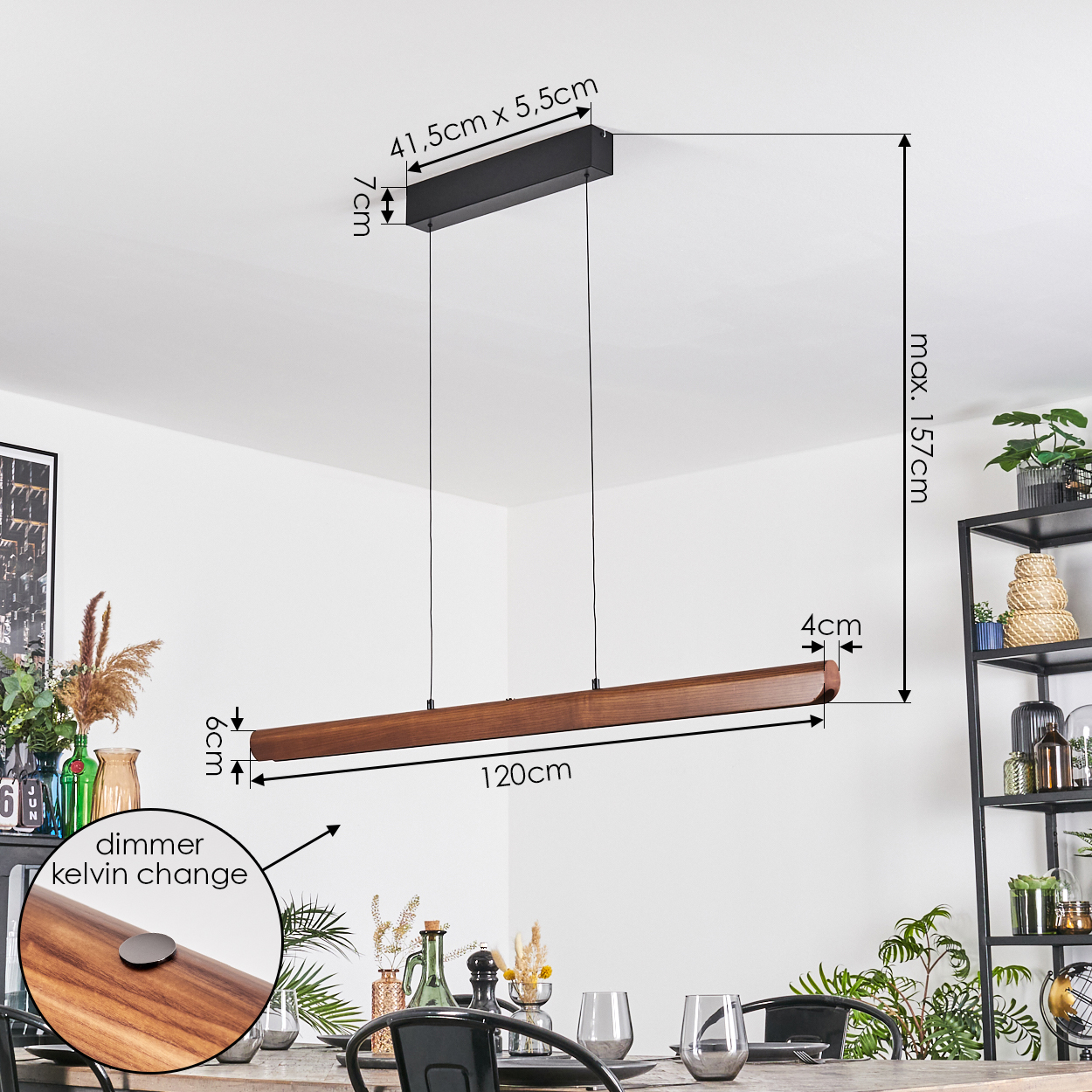 Eine moderne Holz-Pendelleuchte hängt über einem Tisch. Die Maße sind beschriftet: 120 cm, 41,5 cm x 5,5 cm, 7 cm, 6 cm und max. 157 cm.