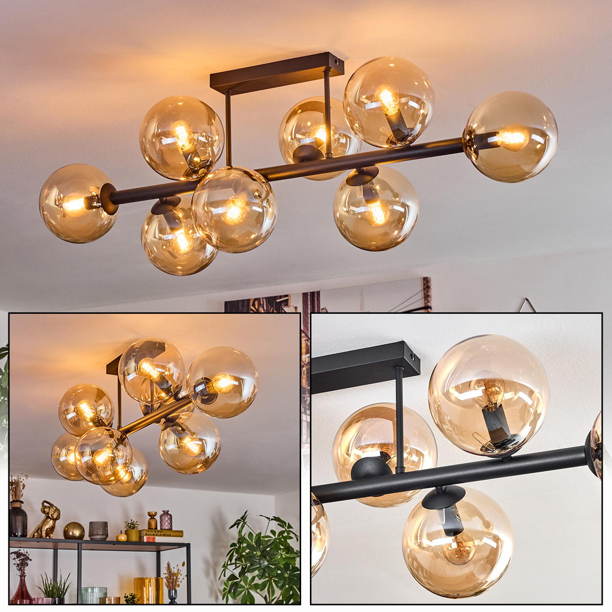 Eine moderne Deckenleuchte mit mehreren bernsteinfarbenen Glaskugeln. Sie hat einen schwarzen Metallrahmen und ist an einer weißen Decke befestigt.