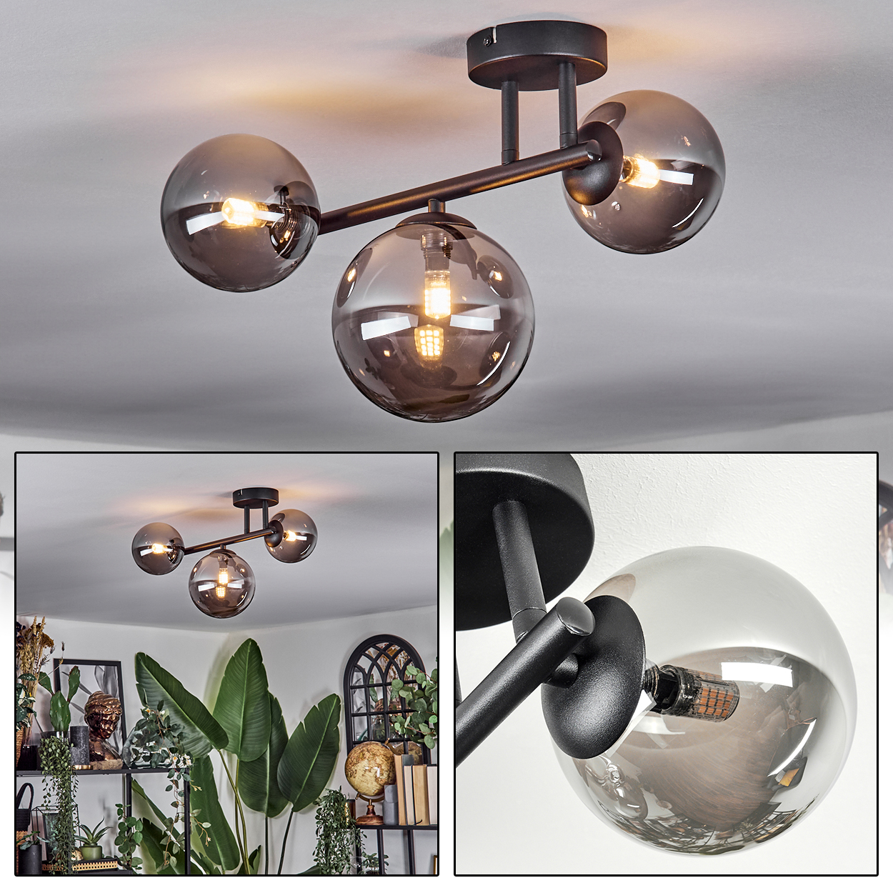 Eine moderne Deckenlampe mit drei Glaskugeln. Die Leuchte ist schwarz, die Kugeln werden von warmem Licht beleuchtet.