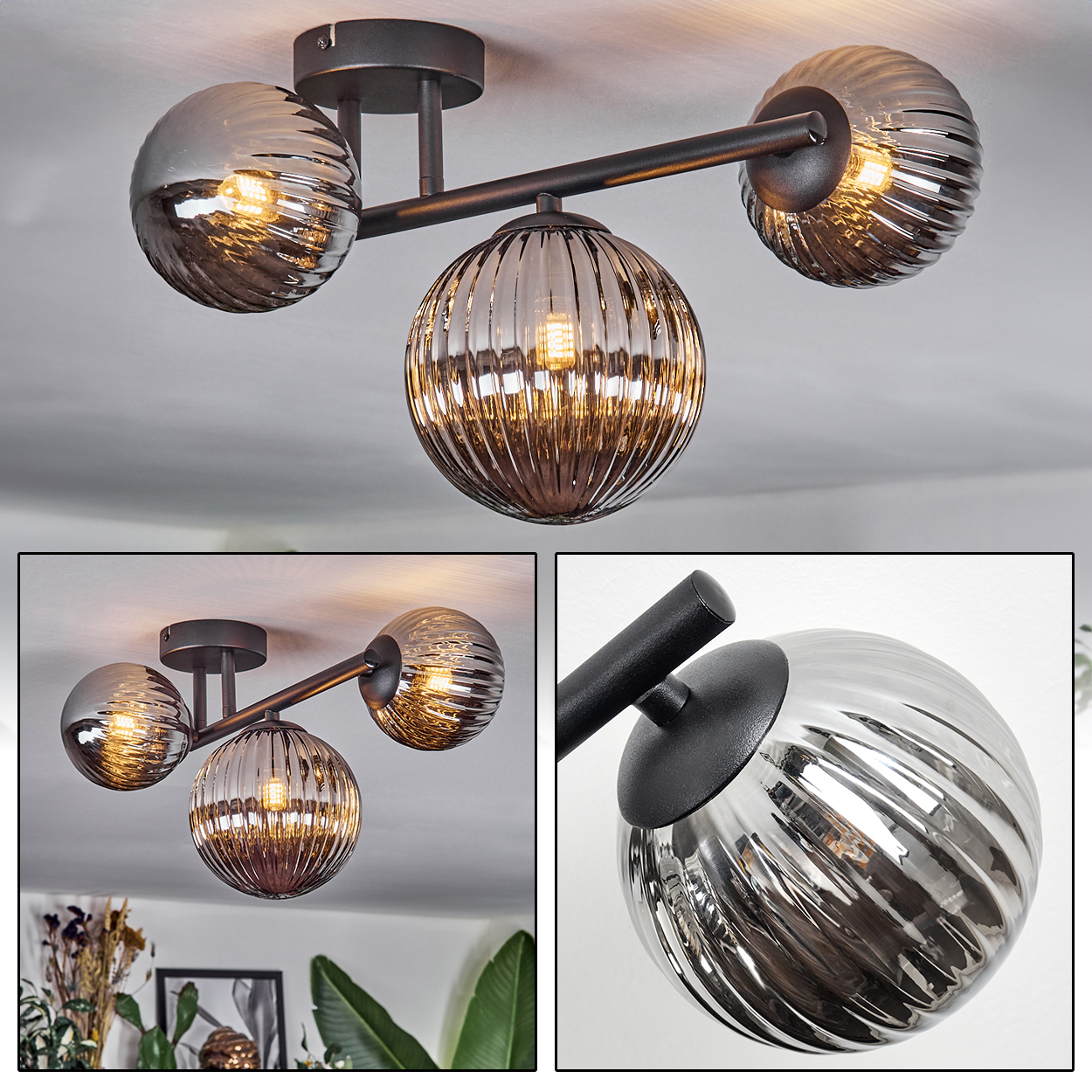 Eine moderne Deckenleuchte mit drei Glaskugeln. Die Kugeln sind gerippt und haben Lichter. Die Halterung ist schwarz.
