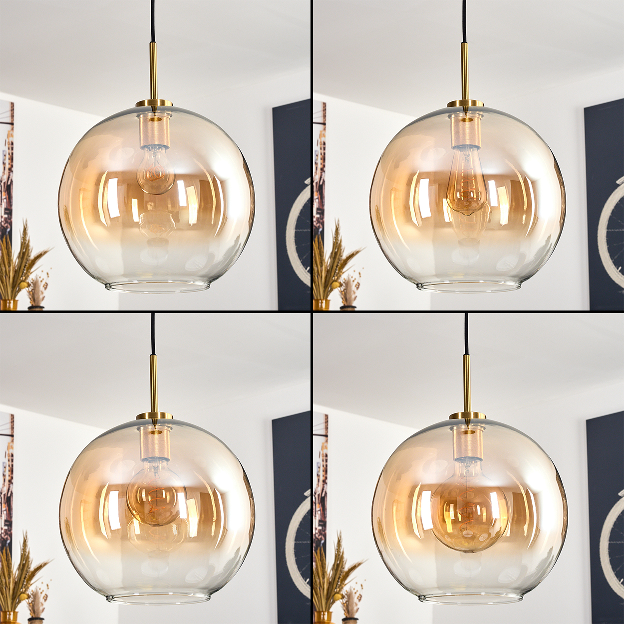 Vier Pendelleuchten mit bernsteinfarbenen Glasschirmen und goldenen Akzenten hängen von der Decke. Dekorative Elemente sind im Hintergrund sichtbar.