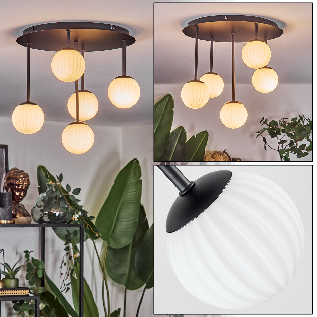 Eine moderne Deckenlampe mit sechs weißen Kugelleuchten, umgeben von grünen Pflanzen und einem Regal mit Dekorartikeln.