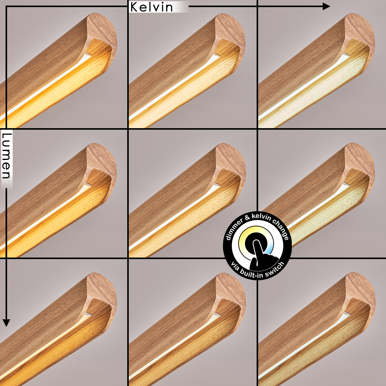 Neun Variationen einer Holzleuchte mit unterschiedlichen Kelvin- und Lumen-Einstellungen. Ein Schalter passt Helligkeit und Farbtemperatur an.