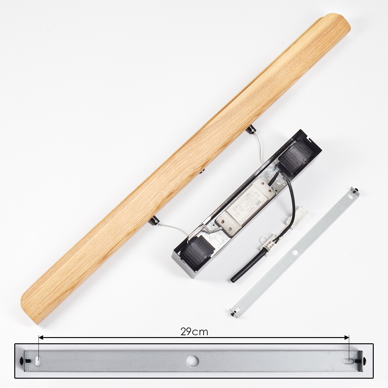 Holzlampenhalterung mit Innenteilen und Metallbefestigung. 29 cm Messung wird angezeigt.