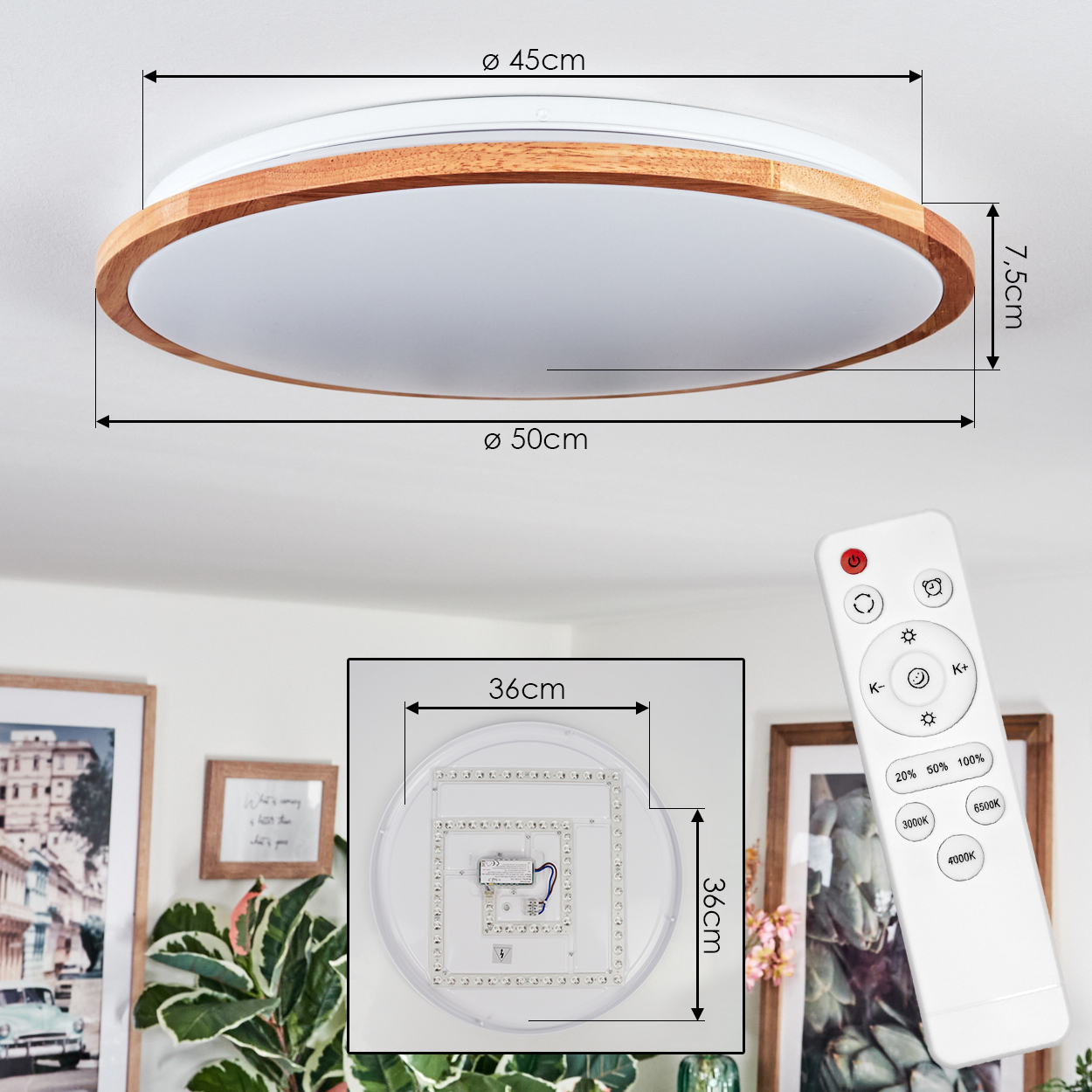 Gezeigt wird eine runde Deckenlampe mit Holzrahmen, zusammen mit einer Fernbedienung und einer Abbildung ihrer inneren Komponenten.