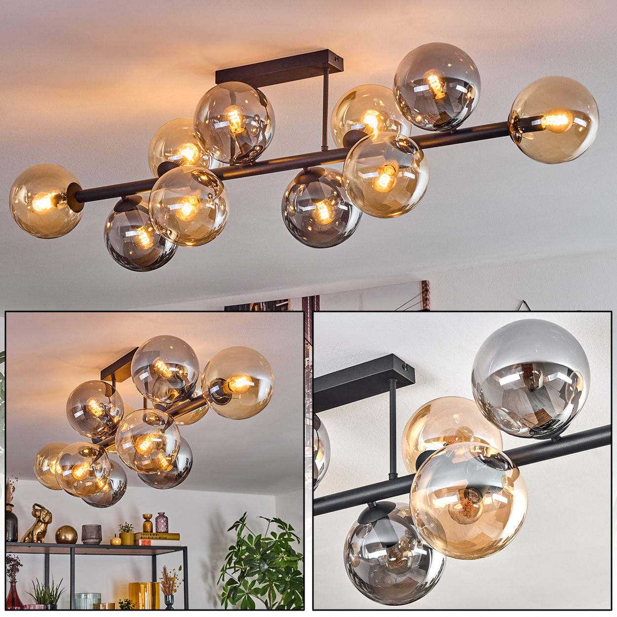 Eine moderne Deckenleuchte mit mehreren Glaskugelschirmen in Bernstein und Grau, befestigt an einem schwarzen Metallrahmen.