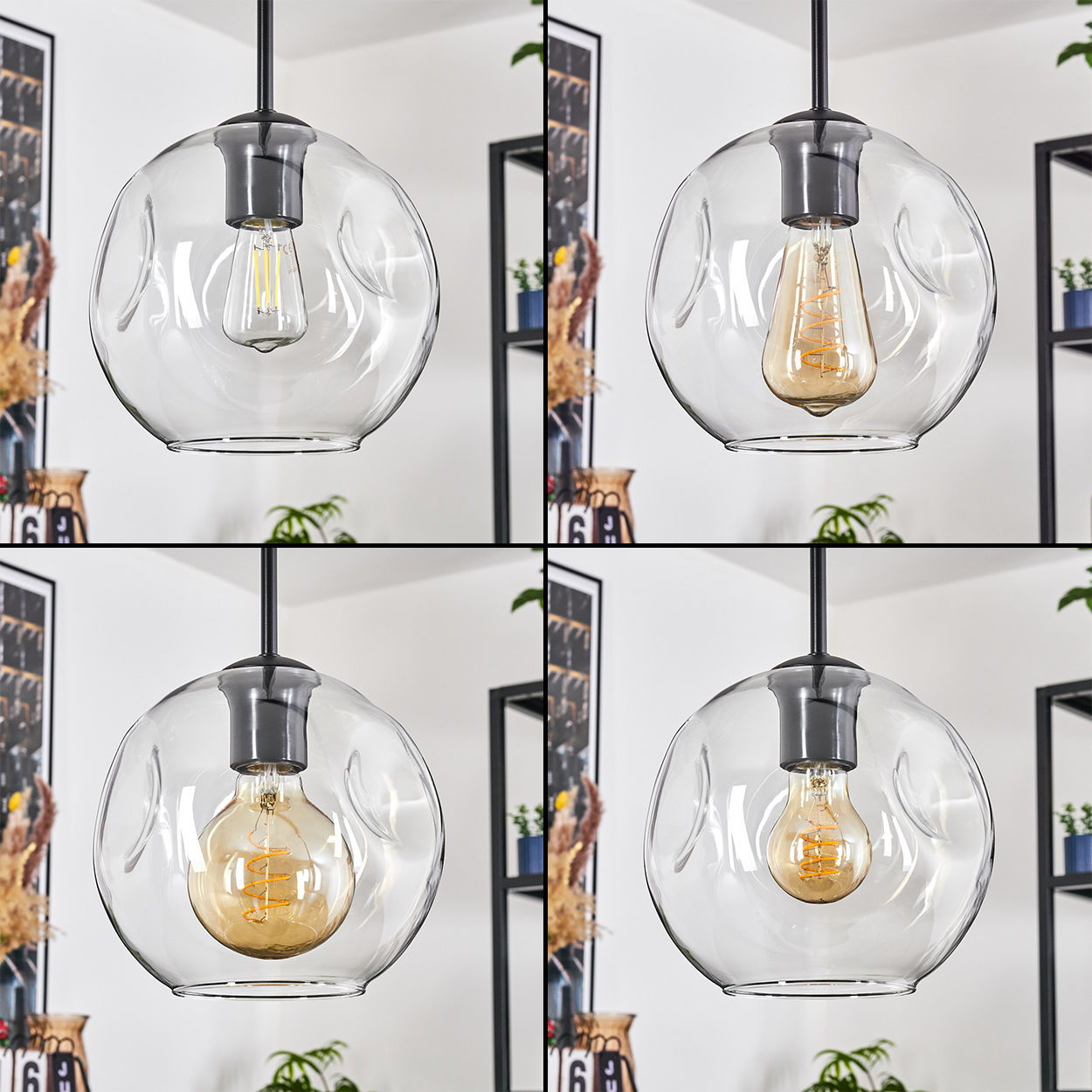 Vier Glaskugel-Pendelleuchten mit verschiedenen Glühbirnen-Designs, die von der Decke hängen. Im Hintergrund sind Regale und Pflanzen zu sehen.