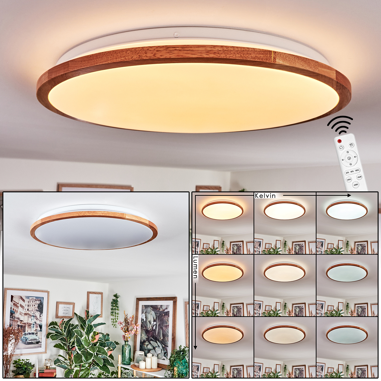 Eine runde Deckenlampe mit Holzrahmen und Fernbedienung. Neun kleinere Bilder zeigen verschiedene Lichteinstellungen. Der Raum hat Pflanzen und Bilder.