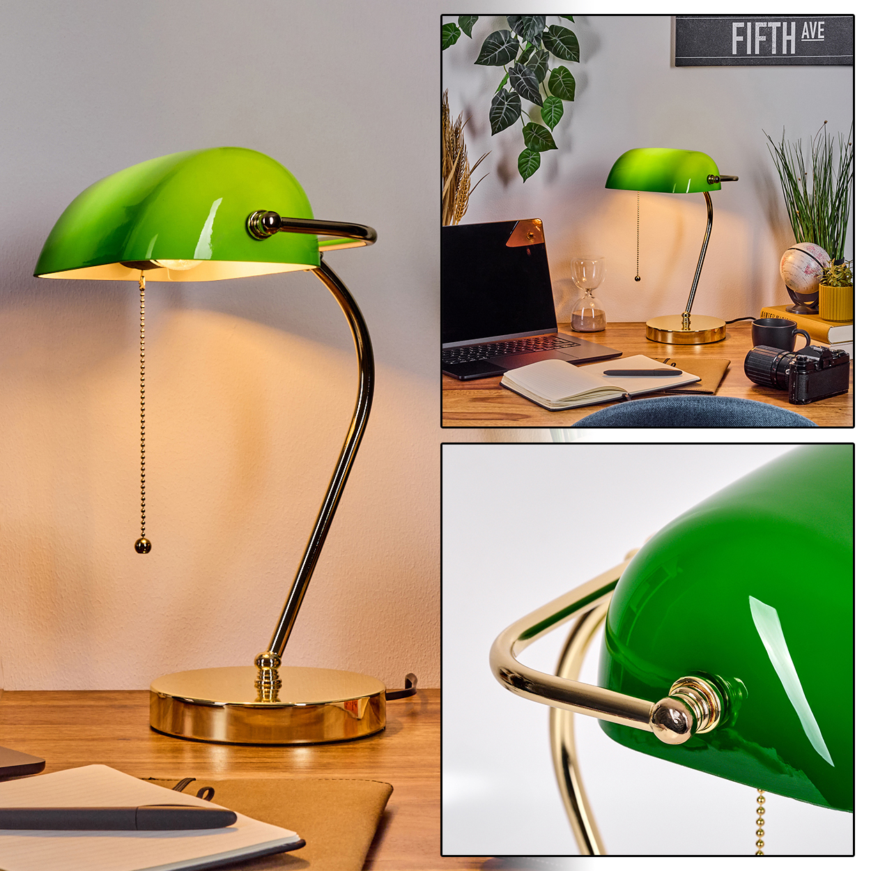 Eine grüne Banker-Lampe steht auf einem Holzschreibtisch. Ein Laptop, eine Kamera und ein Notizbuch sind ebenfalls sichtbar.