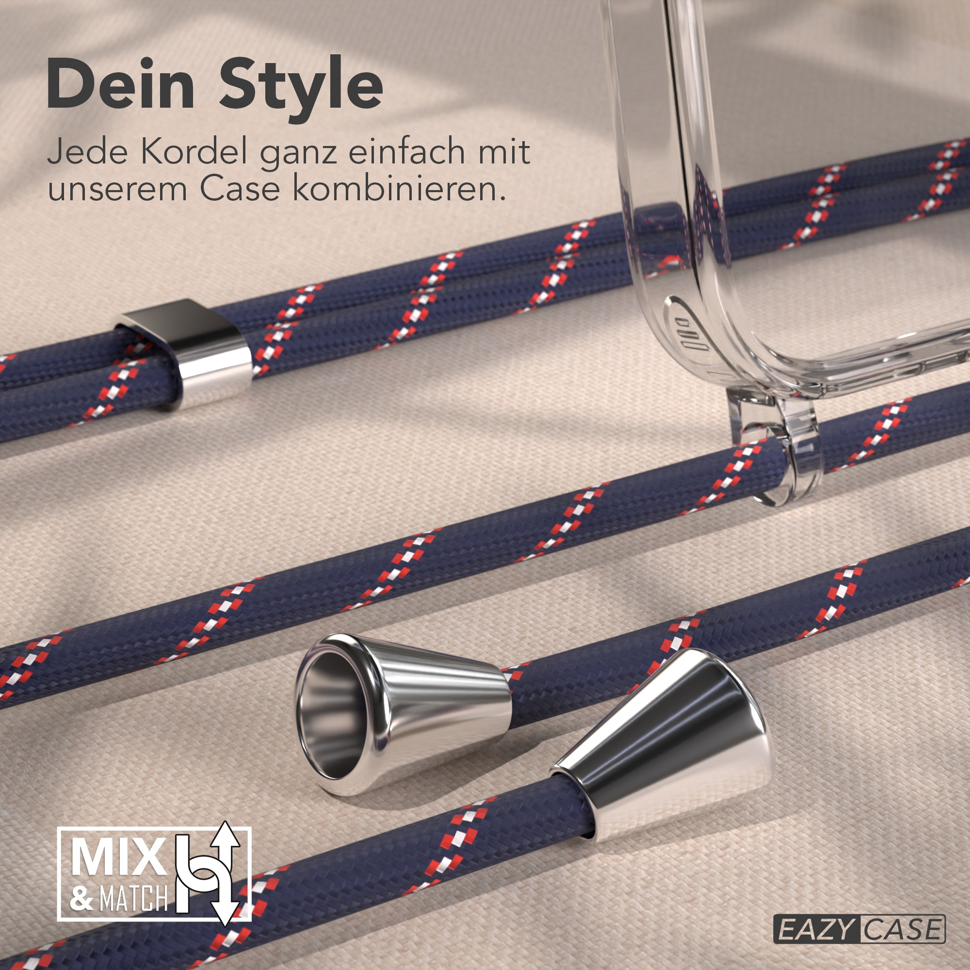 Das Bild zeigt blaue Kordeln mit rot-weißen Akzenten, Metallverschlüssen und eine durchsichtige Handyhülle.