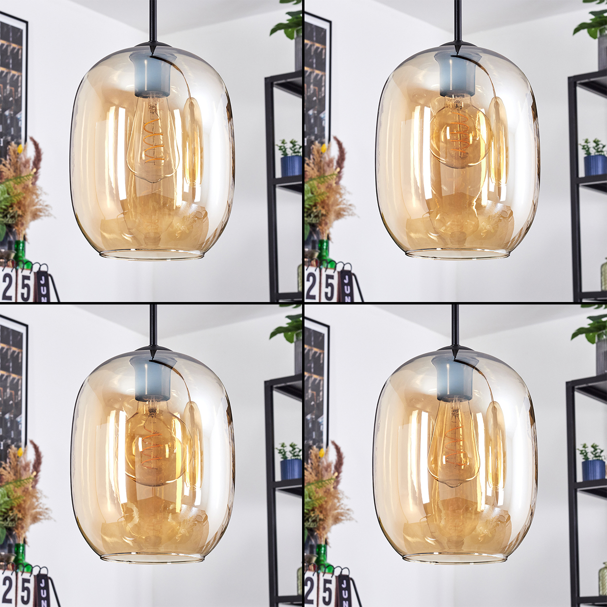 Vier Pendelleuchten mit bernsteinfarbenen Glasschirmen und Edison-Glühbirnen. Hintergrund: Regale mit Pflanzen und ein Kalender.