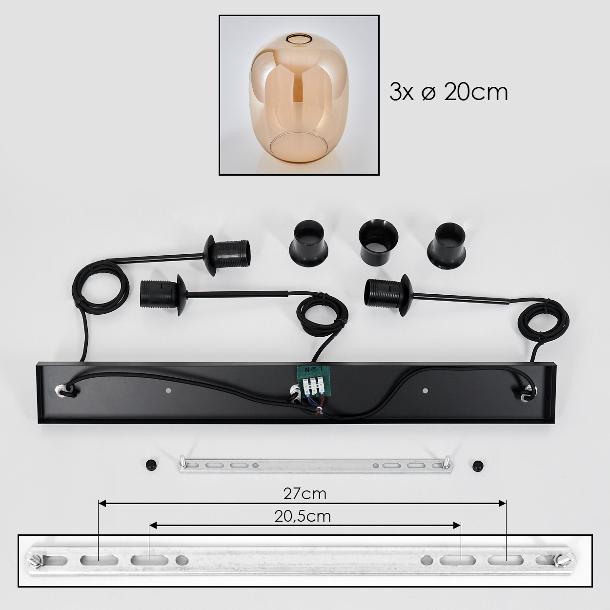 Zerlegte Pendelleuchte. Enthält Glasschirm, schwarze Teile, Drähte und Befestigungsmaterial. Abmessungen sind ebenfalls angezeigt.