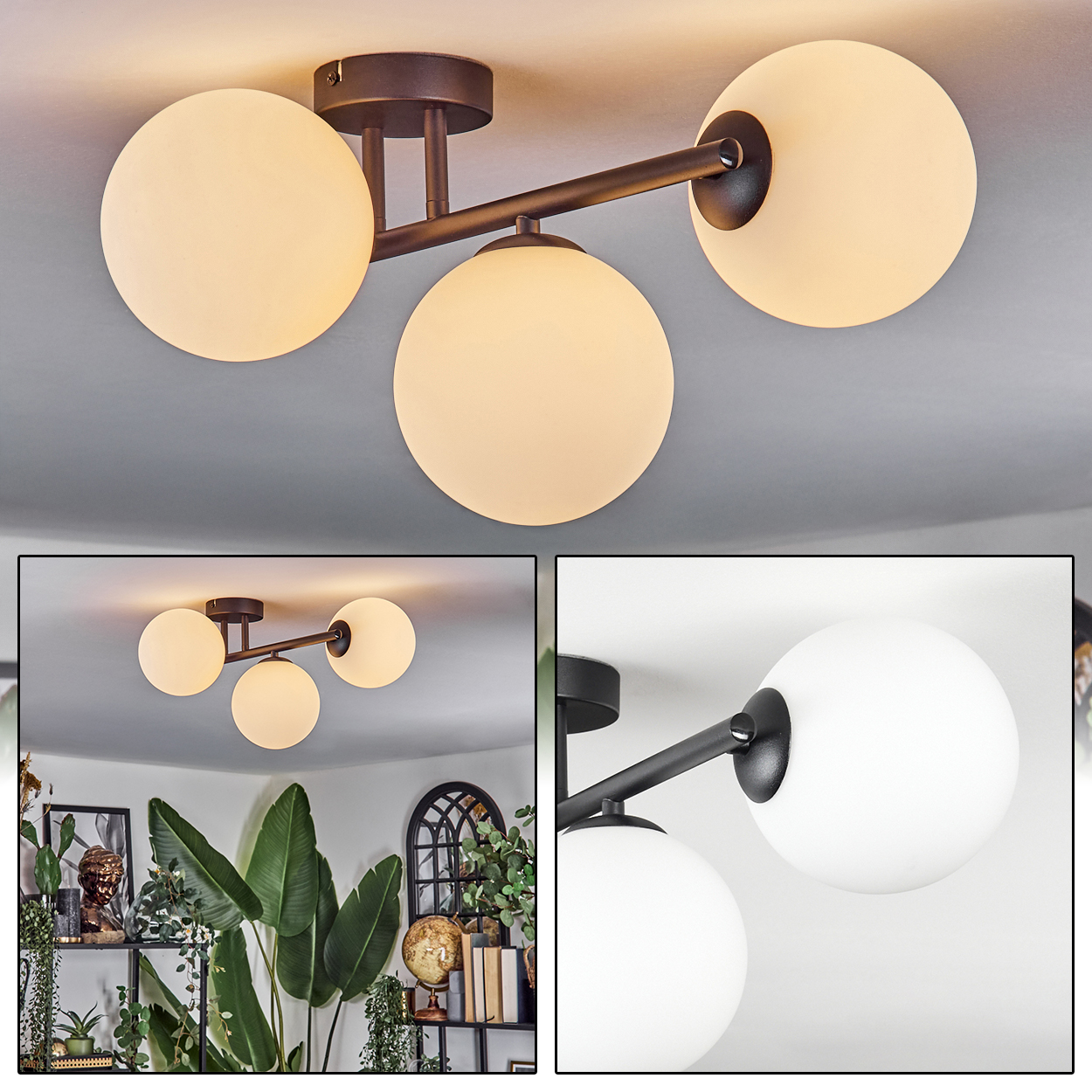 Eine moderne Deckenlampe mit drei kugelförmigen weißen Glasschirmen an schwarzen Metallarmen, vor grauem Hintergrund.