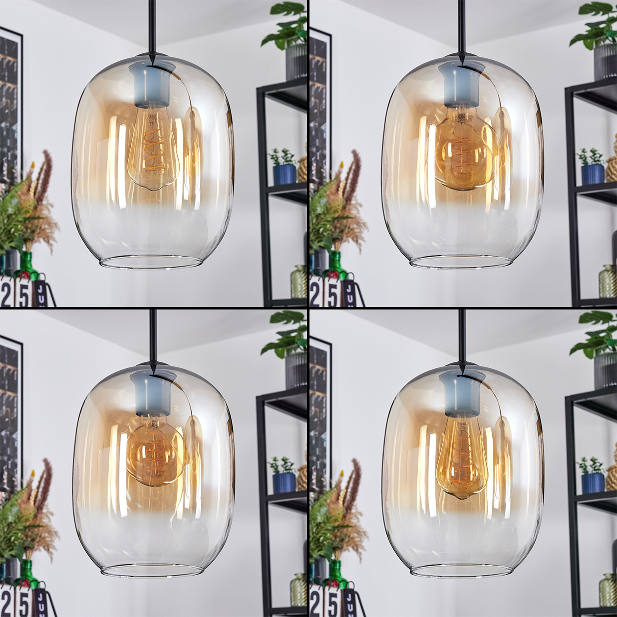 Vier Pendelleuchten mit bernsteinfarbenen Glasschirmen und Edison-Glühbirnen. Hintergrund: Regale mit Pflanzen und Dekor.