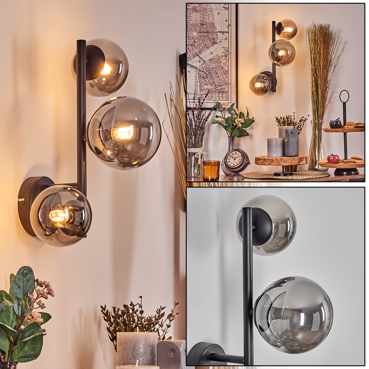 Wandlampen mit Glaskugeln an der Wand. Ein Regal zeigt eine Karte, Blumen, Kerzen und Dekorationsartikel.