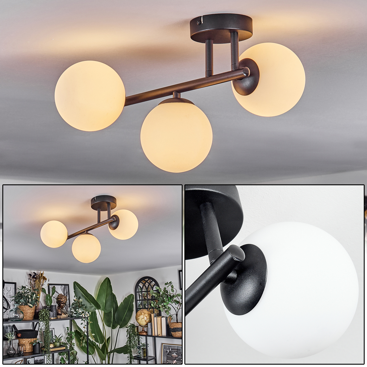 Moderne Deckenlampe mit drei runden, opalfarbenen Glasschirmen. Die Leuchte hat ein dunkles Metallfinish und ist an einer weißen Decke montiert.