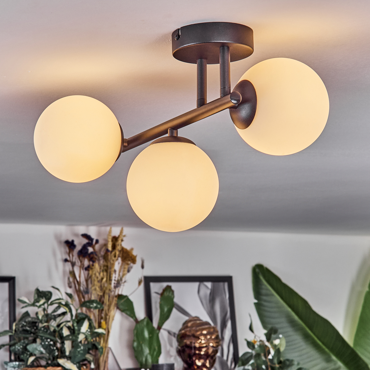 Eine moderne Deckenleuchte mit drei kugelförmigen Lampen. Das Licht ist bronzefarben und die Kugeln sind beleuchtet. Im Vordergrund sind grüne Pflanzen.