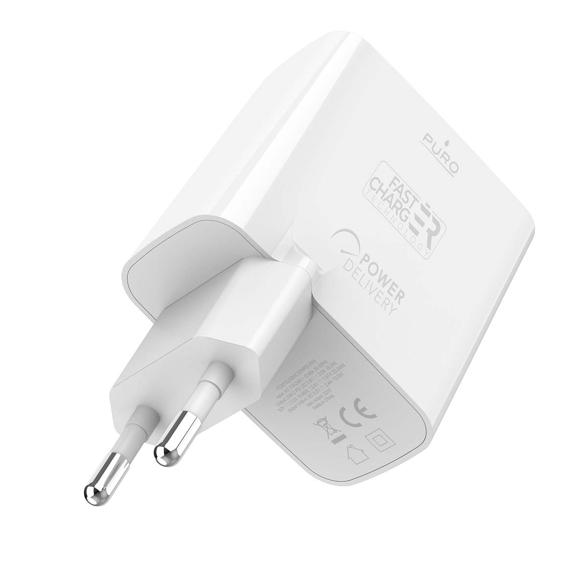 Un chargeur blanc Puro Power Delivery avec deux broches. Il est imprimé 'Fast Charger Technology'.