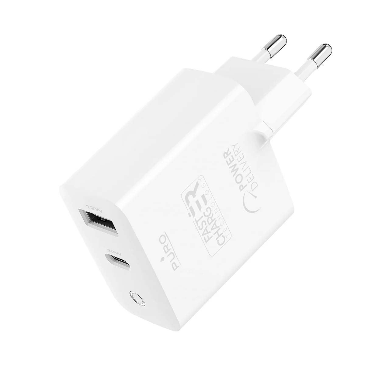 Un chargeur rapide blanc Puro avec deux broches et deux ports USB. Il porte les mots 'Fast Charging Technology' et 'Power Delivery'.