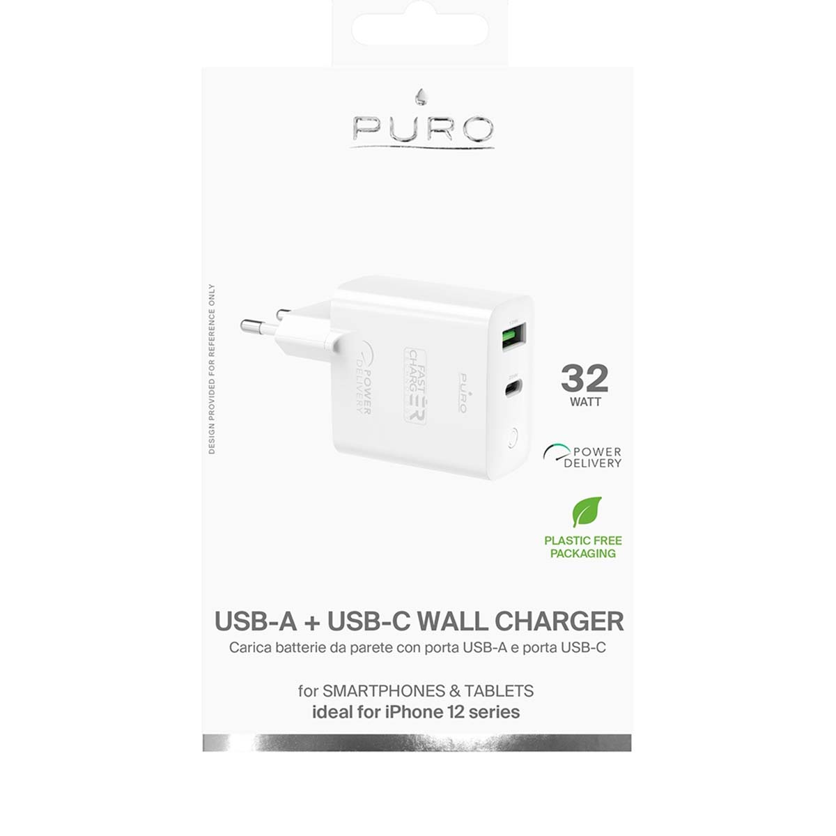 Un chargeur mural Puro blanc sur fond blanc. Il possède des ports USB-A et USB-C, et l'emballage indique 32W et sans plastique.