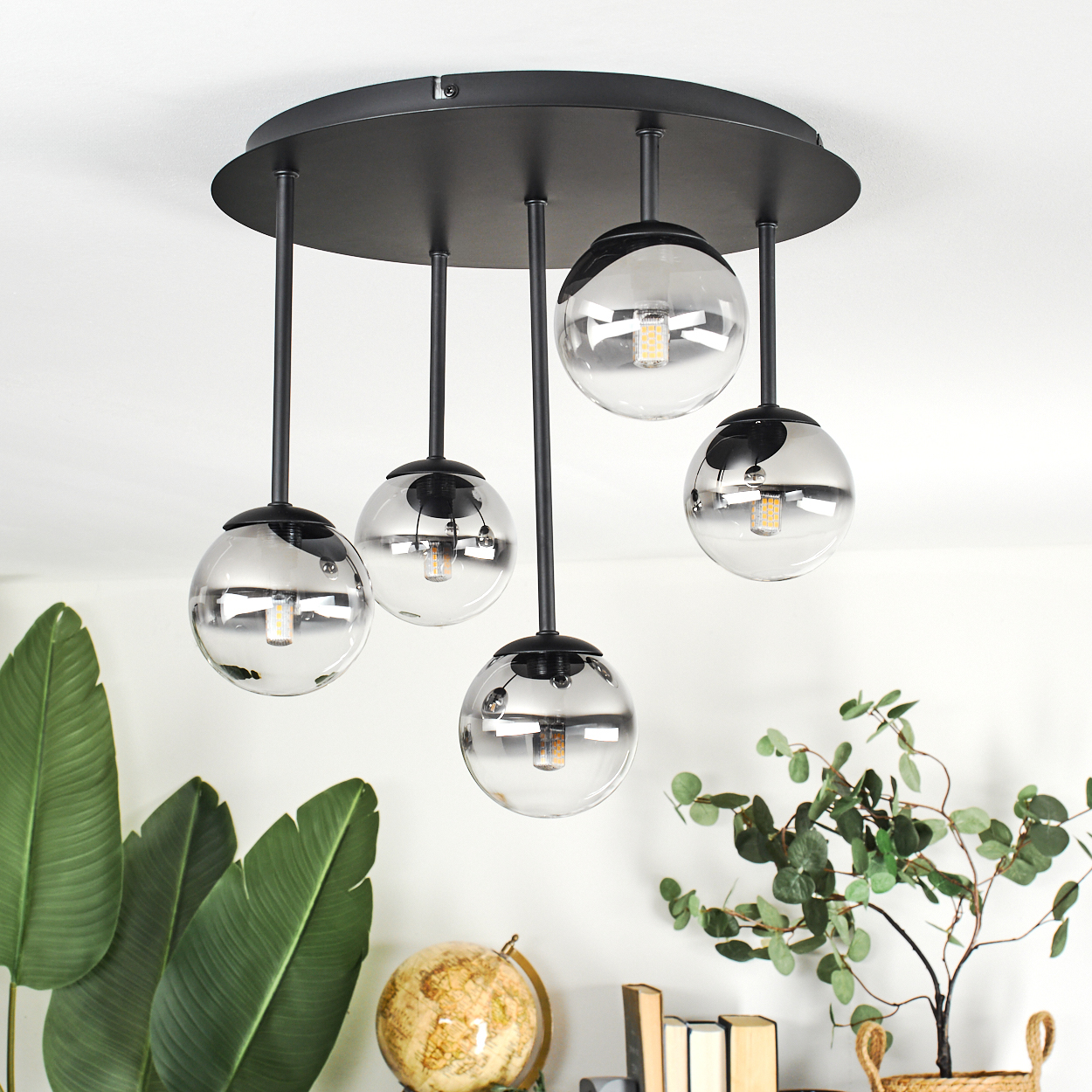 Eine moderne Deckenleuchte mit fünf Glaskugelleuchten hängt von der Decke. Pflanzen und Dekoration sind darunter zu sehen, mit einem Globus.