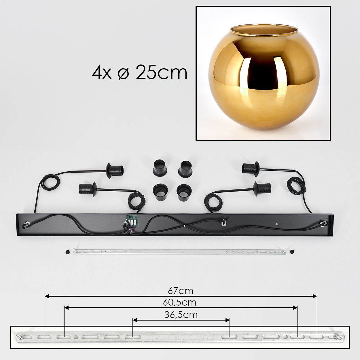 Eine goldene Kugel, Teile einer Lampe und Abmessungen werden gezeigt. Text: 4x Ø 25cm, 67cm, 60,5cm, 36,5cm.