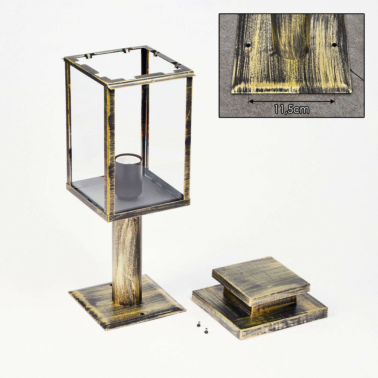 Dekorative Laterne mit Glasgehäuse, Metallrahmen und Ständer. Gold- und Schwarzschema. Komponenten sind zerlegt.