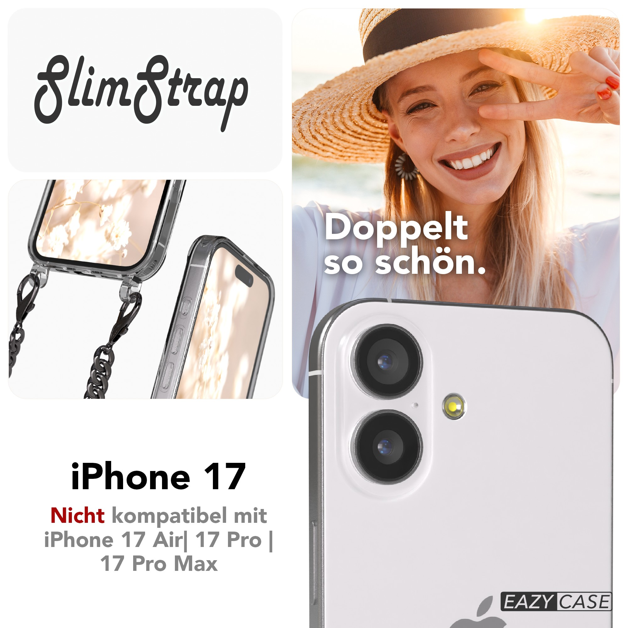 Das Bild zeigt eine Frau mit Friedenszeichen, ein Telefon und den Text 'SlimStrap' und 'iPhone 17'.